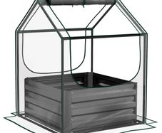 Metal Planter Box with Cover, Raised Garden Bed with Greenhouse, for Herbs and Vegetables, Clear and Dark Grey