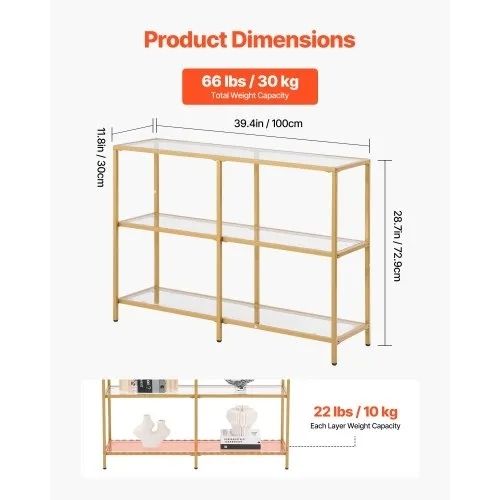 3-Tier Glass Console Table, Modern Rectangle Sofa Side Table with Tempered Glass Top and Iron Legs, Golden Consloe Desk with Anti-Tip Device for Living Room, Hallway, Entryway, Foyer, Golden