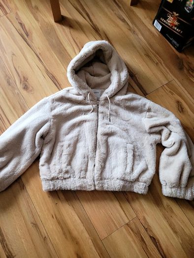 Bershka faux fur hooded jacket in cream