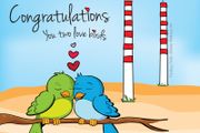 Congrats lovebirds fun Poolbeg card, by artist Helen Mathews