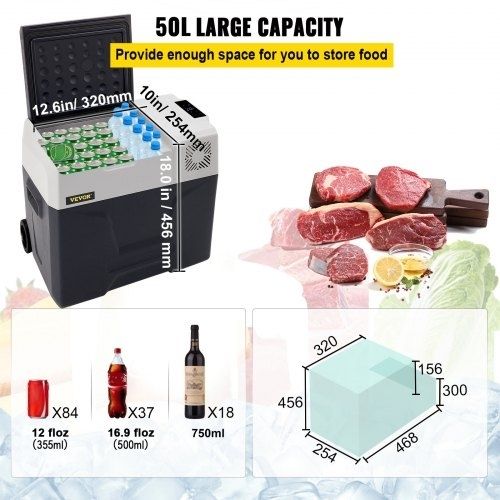 12 Volt Car Refrigerator Fridge, 50 L Single Zone Portable Freezer with Wheels and Handle, DC and 100-240V AC Compressor Cooler for Outdoor, Camping
