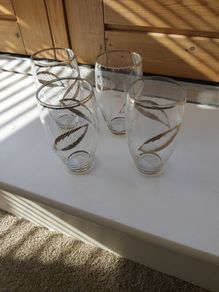 Vintage drinking glassware leaf pattern Engraved with Gold Trim