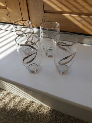 Vintage drinking glassware leaf pattern Engraved with Gold Trim