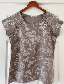 Size 14 Taupe & Cream Linen Top, Made In Italy
