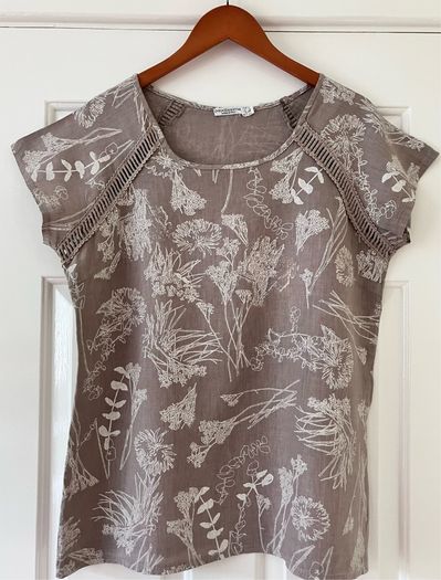 Size 14 Taupe & Cream Linen Top, Made In Italy