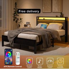 5FT King Size Bed Frame with LED Lights and Charging Station