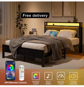 5FT King Size Bed Frame with LED Lights and Charging Station