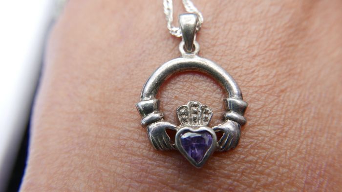 Vintage Amethyst Claddagh Irish Symbol, 925 Sterling Silver Heart Crown and Hands; 925 Irish Symbol Pendant Necklace with Amethyst 18"