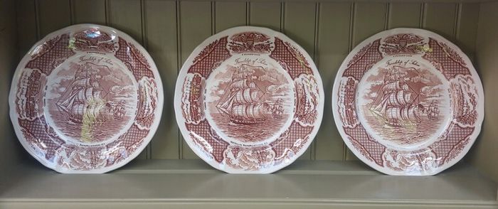 Vintage Set of Six Brown and White Fair Winds, Historical Scenes of Chinese Export to America - "The Friendship of Salem" Large Dinner Plates by Alfred Meakin