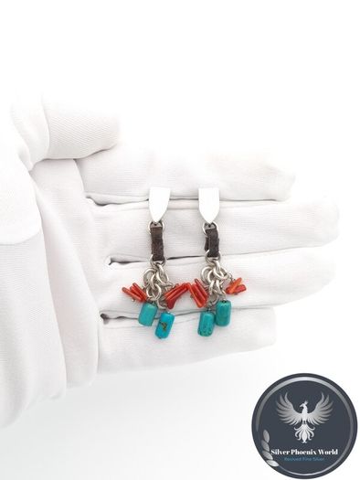 Vintage 925 Sterling Silver Turquoise & Carnelian Stud Earrings