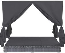 _Double Sun Lounger with Curtains, Garden Recliner Furniture in Poly Rattan, Grey