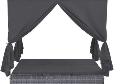 _Double Sun Lounger with Curtains, Garden Recliner Furniture in Poly Rattan, Grey