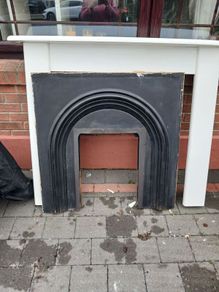complete fireplace including white timber mantle, black cast iron surround, black marble hearth & Hanley insert stove