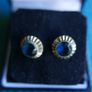 Vintage Rolled Gold round blue cabochon Ridge swirl Stud earrings Image 2