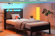 single LED Lights,Metal Upholstered Platform Bed Frame with Charging Station
