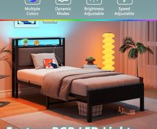 single LED Lights,Metal Upholstered Platform Bed Frame with Charging Station