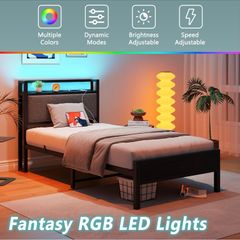 single LED Lights,Metal Upholstered Platform Bed Frame with Charging Station