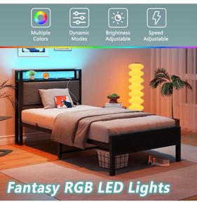 single LED Lights,Metal Upholstered Platform Bed Frame with Charging Station