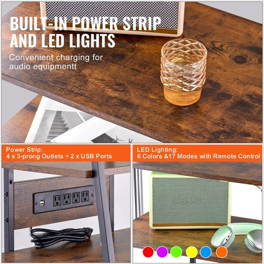 4-Tier AV Media Stand with Power Strips, Corner TV Stand with LED Lights, Height Adjustable