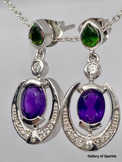 AAA African Amethyst, Natural Chrome Diopside & White Zircon Dangling Push Back Earring in Rhodium Overlay Sterling Silver