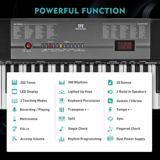 61 Key Electronic Keyboard Piano with Lighted up Keys,LCD,Headphones,X-Stand,Stool,Music Rest,Microphone,Note Stickers,Built-In Speakers,3 Teaching Modes,Ideal for Beginner Adult (Black with Stool)