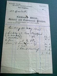Old billhead Kernan Bros Printers Dun Laoghaire Bookbinders and stationers