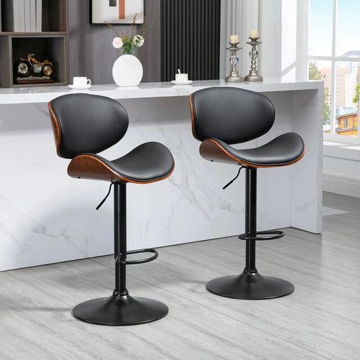 Bar Stool Set, Adjustable Height, Swivel, Faux Leather, Steel Frame, Black, 53 x 50.5 x 112.5 cm