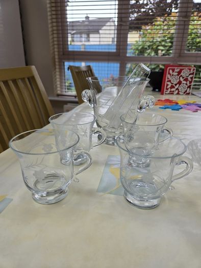 Vintage Princess House "Heritage" Etched Glass Ice Bucket & 4 Matching Cup Set