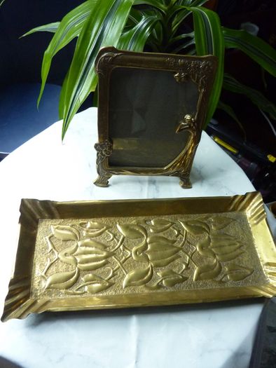 Original Art Nouveau Brass Dressing Table Pieces. Photo Frame and Repousse Tray