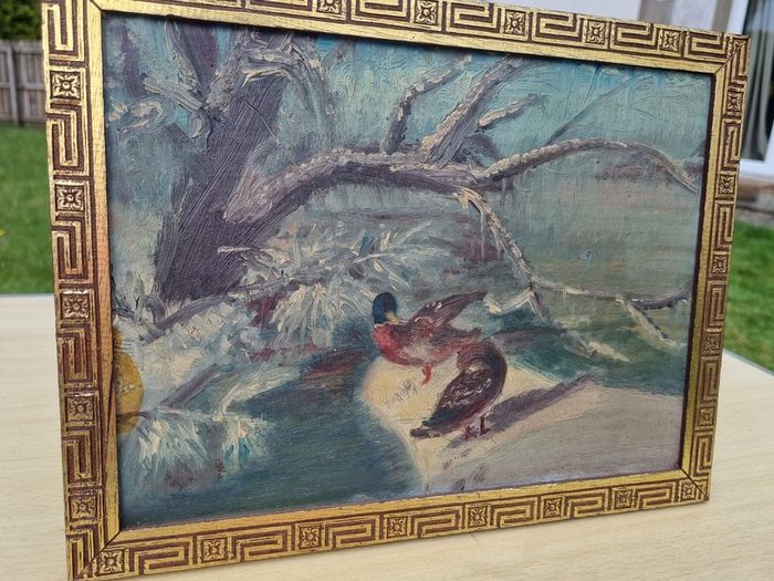 Vintage oil painting of ducks