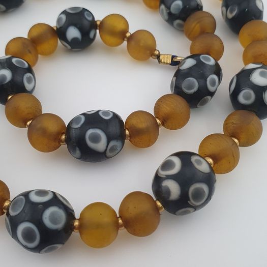 Antique Venetian African Style Eyes & Yellow Brown African Glass Beads Necklaces