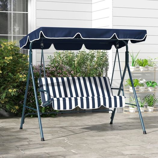Three-Seater Garden Swing Chair, with Adjustable Canopy - Blue Stripe