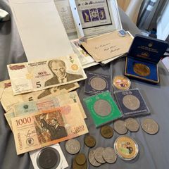 Job coin lot with tokens, stamps and some notes