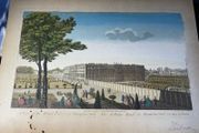 This print is an 18th-century hand-coloured copperplate engraving depicting "A View of the Royal Palace of Hampton Court / Vue du Palais Royal de Hampton Court"