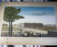 This print is an 18th-century hand-coloured copperplate engraving depicting "A View of the Royal Palace of Hampton Court / Vue du Palais Royal de Hampton Court"