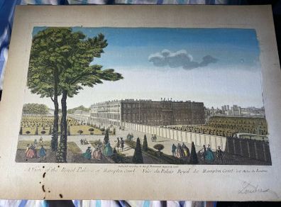 This print is an 18th-century hand-coloured copperplate engraving depicting "A View of the Royal Palace of Hampton Court / Vue du Palais Royal de Hampton Court"