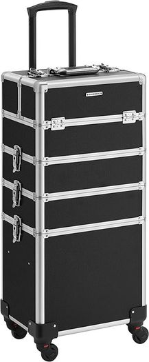 Cosmetic Case, Professional Makeup Case, 4-in-1 Vanity Case for Travel, Large Trolley for Hairdressers, Lockable, with 360 Rotating Universal Wheels, Black