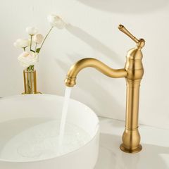 Antique Brass Vintage Retro Tall Tap for Bathroom Basin, High Rise Bathroom Sink Mixer Tap with 360 Swivel Spout, Brass Construction Basin Mixer Tap, Cloakroom Classic Countertop