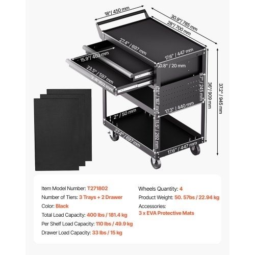 5-Tier Tool Cart with Wheels, 400 lbs Load Capacity, Rolling Work Cart with 2 Drawers & Pegboard, Mechanic Tool Storage Organizer with Locking System for Garage, Warehouse and Repair Shop, Black
