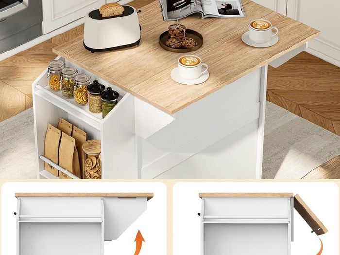 Kitchen Island with Folding Countertop, Kitchen Storage on Wheels White and Natural, Kitchen Island on Wheels, Storage Cabinet with Adjustable Shelf and Towel Rack for Kitchen and Dining Room