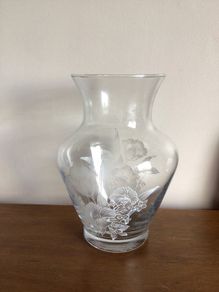 Large vintage clear glass floral print Vase