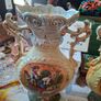 Pair of Art Nouveau Italian Glazed Ceramic Twin-Handled Vases, each with Scalloped Rim, Molded Scrolling Handles with Gilt Highlights Postage Available or Collection Image 3