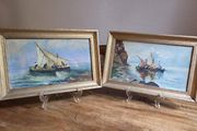 Pair Early 20th Century Oil Paintings Marine Scenes Gilt Frames