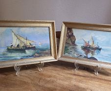 Pair Early 20th Century Oil Paintings Marine Scenes Gilt Frames
