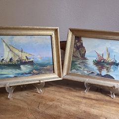 Pair Early 20th Century Oil Paintings Marine Scenes Gilt Frames