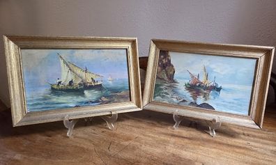 Pair Early 20th Century Oil Paintings Marine Scenes Gilt Frames
