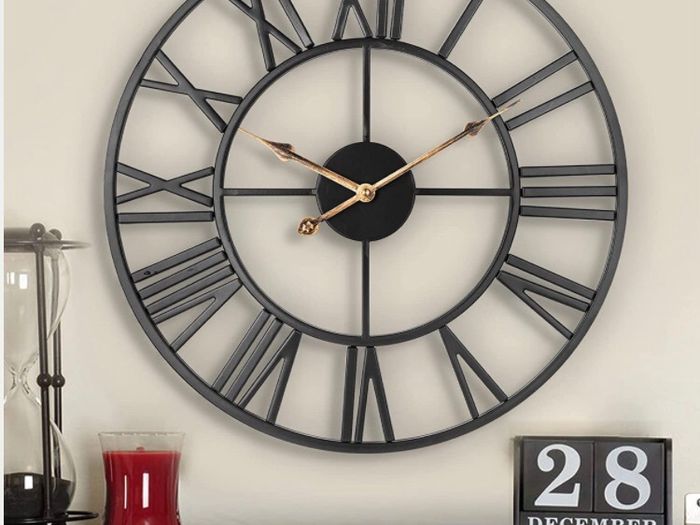 European Farmhouse Vintage Clock with Roman Numerals, 40cm Non-Ticking Battery Operated Metal Skeleton Decorative Clock for Home Kitchen Cafe Hotel Office Decor(Black)