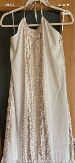Ancient Greek Designer Maxi halter neck dress in embroidered cream and metallic gold thread and high thread count material
