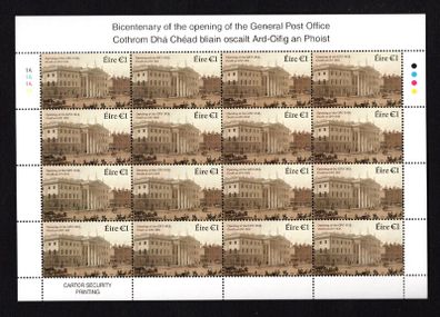 2018 Ireland The 200th Anniversary of The General Post Office Commemorative Stamps Sheetlet Plate 1A1A1A1A Mint Never Hinged (MNH)