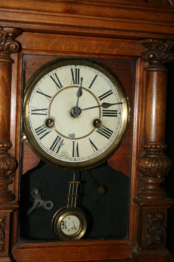 Antique Wood Carved P.H. S. 1800s Mantel Clock (in working order -  the clock doesn't ring) 21,5" x 11"